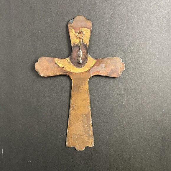 Flame Painted Copper Cross Wall Hang Decor Artisan Handmade Small 6” X 4” cottag - Picture 3 of 8